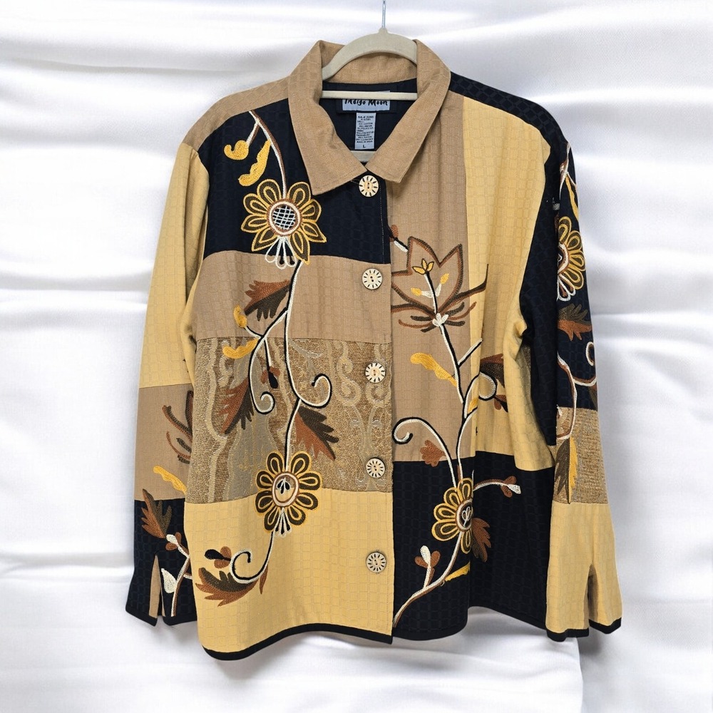 Indigo Moon Floral Embroidered Patchwork Jacket Womens‎ Large Black Mustard Tan